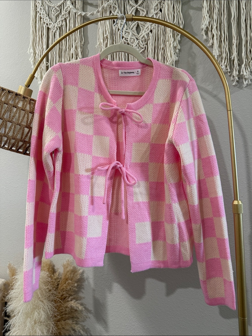 Tie-Front Check Cardigan in Pink and Cream
